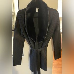WHBM black faux fur collar belted cardigan.